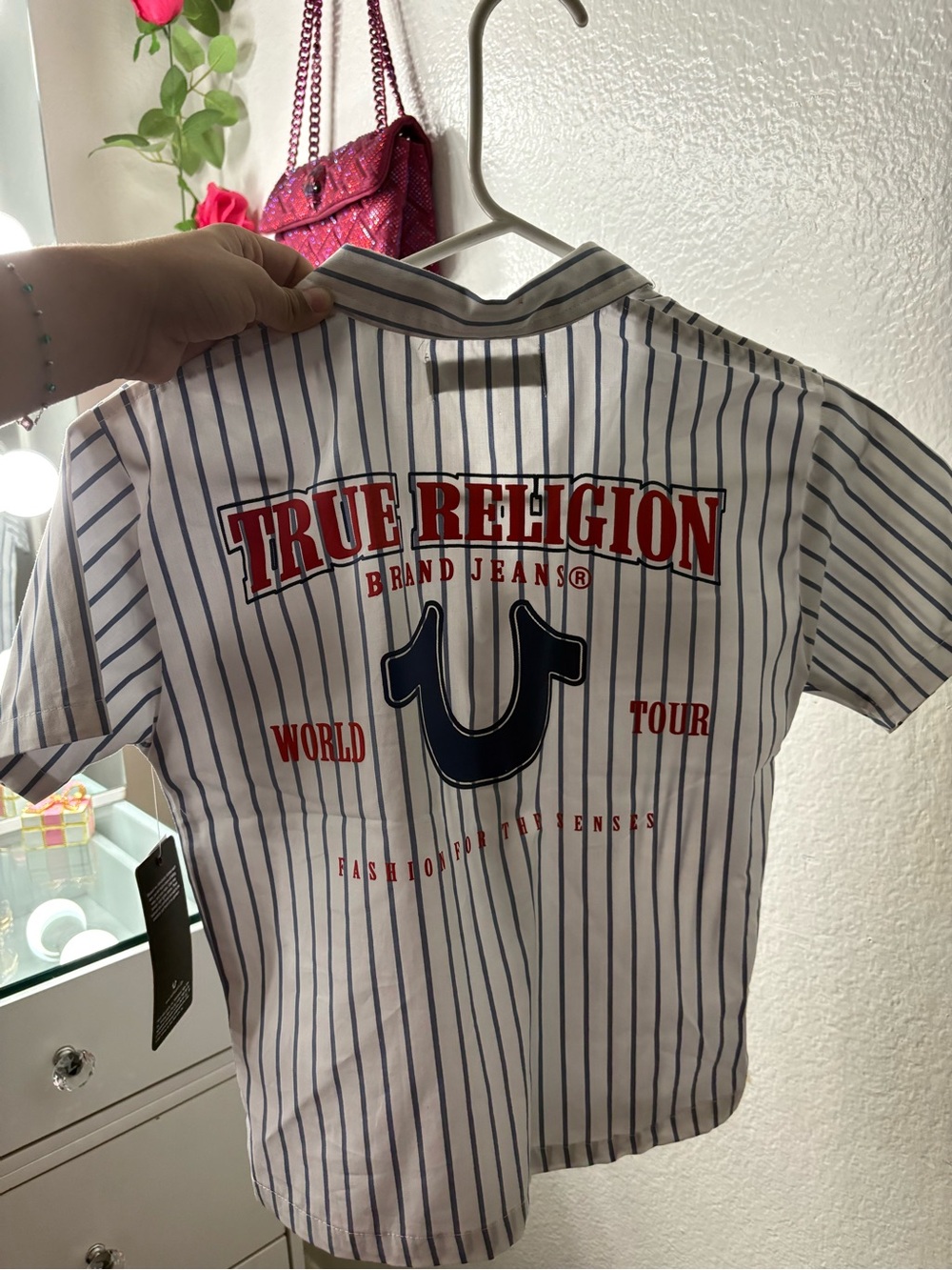 True Religion White Navy Striped Logo Baseball Tee with Red Accents